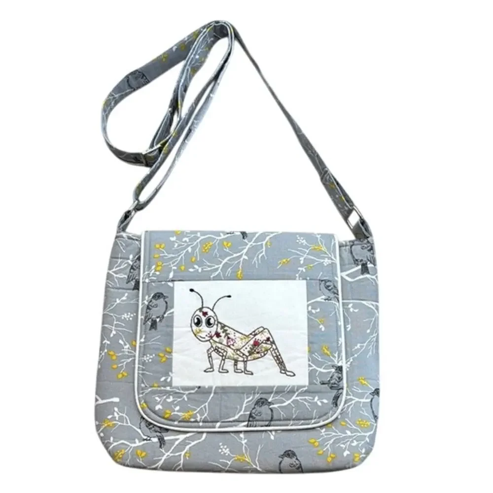 Unique Handmade Embroidered Grasshopper Birds Bug Noah Crossbody Bag Pocketbook